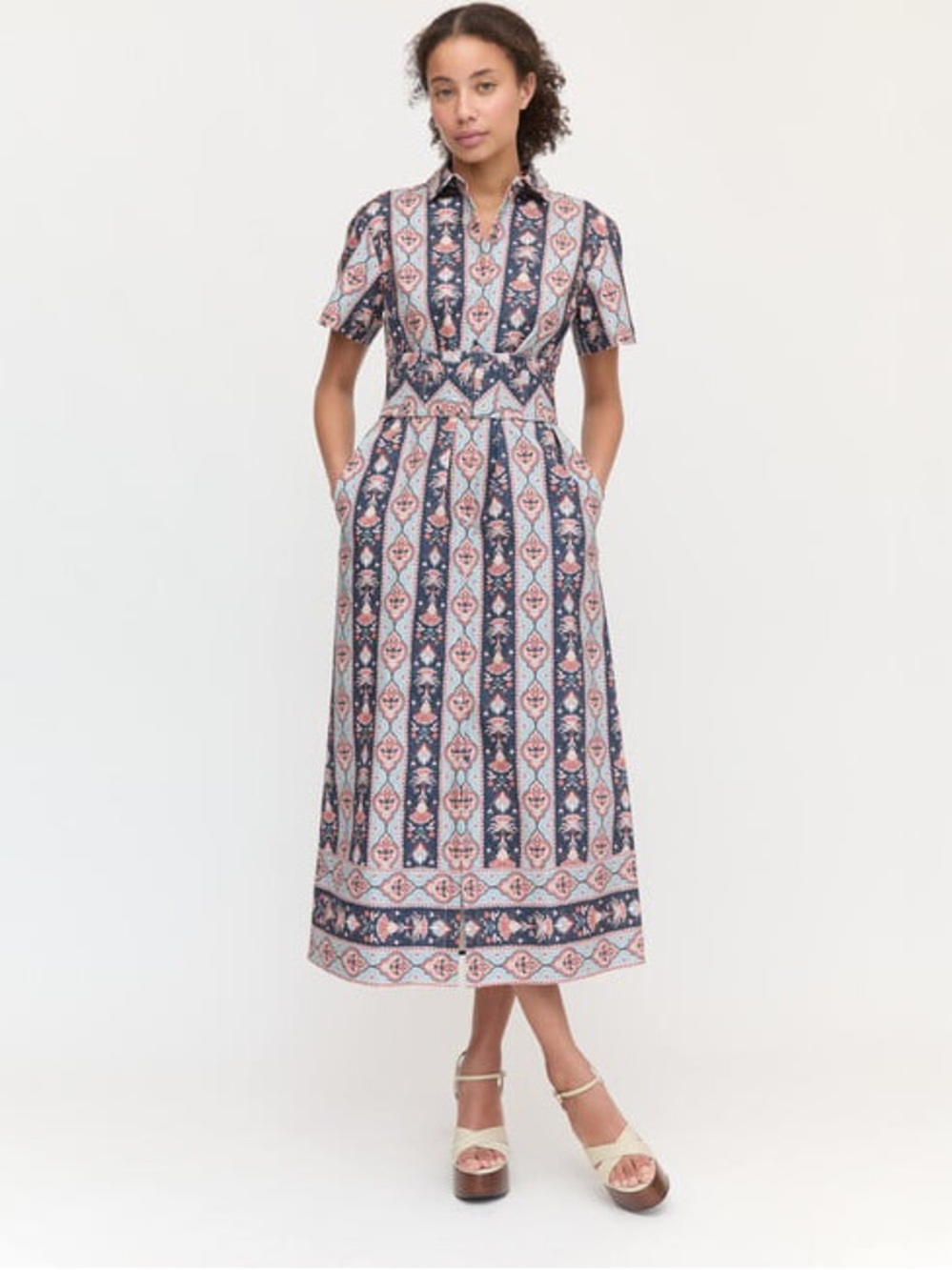 Hill House Navy and Pink Printed Midi Shirt Dress - Carolina